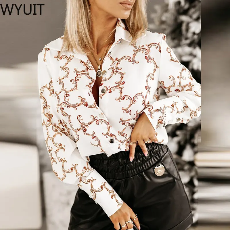 

2023 Spring Digital Print Office Ladies Blouses Elegant Single Breasted Lapel Shirts Autumn Long Sleeve Loose Woment Tops Blusas