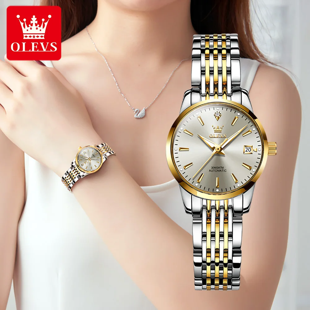 OLEVS Luxury Brand Automatic Mechanical Wristwatch Waterproof Stainless Steel Simple Watch For Women Gift for Girl Reloj Mujer