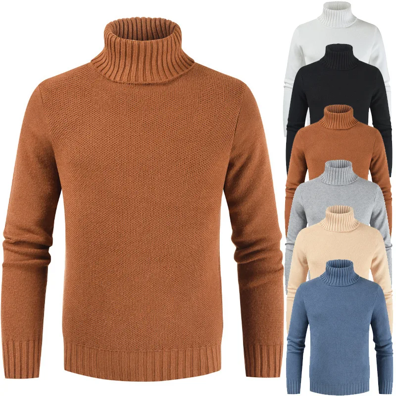 

2022 winter new men's pullover turtleneck sweater slim solid color sweater