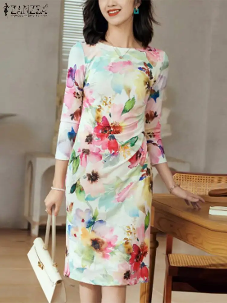 

Платье ZANZEA женское до колена с цветочным принтом, элегантное облегающее платье-карандаш, осень 2023, юбка-годе с рукавом 3/4