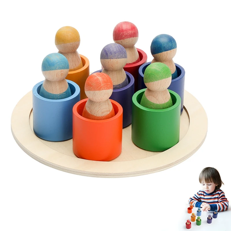 

1 Set Montessori Toys Grimm's Rainbow Friends Peg Dolls Wooden Toys Pretend Play People Figures Doll Colorful Blocks