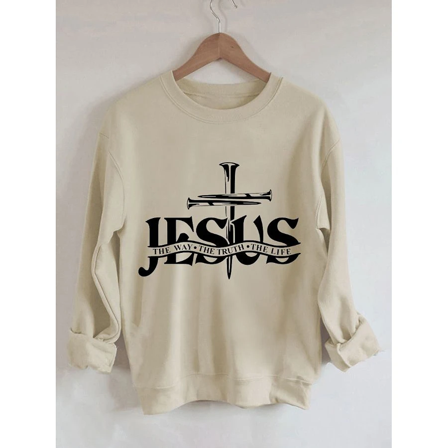 

Jesus Letters Print Women's Retro Vintage Cotton Long Sleeves Sweatshirt