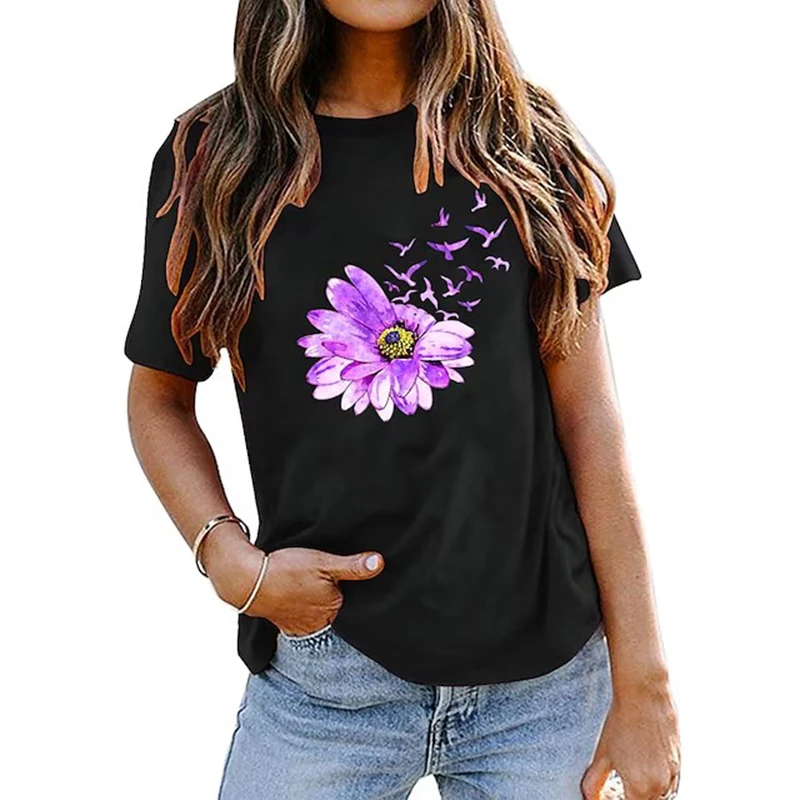 

Летняя женская футболка с коротким рукавом и принтом гусиных хризантем