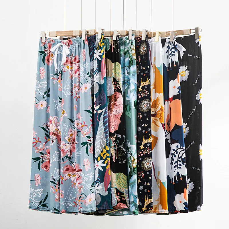 Women Spring Summer Thin Sleep Pants 2023 Home Pants Floral Printed Pajama Pants Wide Leg Loose Plus Size Calf-length Bottoms