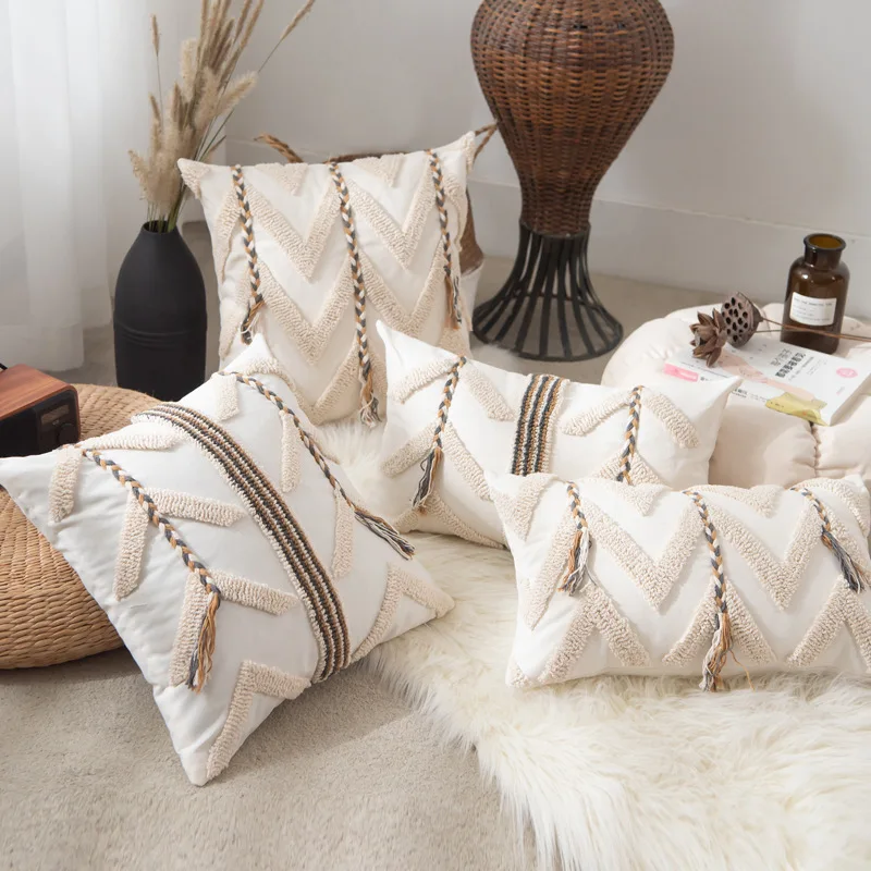 

Beige Crochet Tufted Pillow Cover Cotton Canvas Simple Waves Nordic Style Light Luxury Pillow Case Home Decor Cushions for Sofa