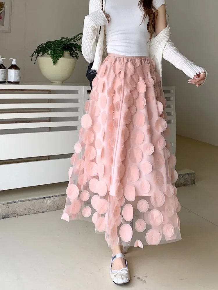 Женская винтажная юбка в горошек элегантная сетчатая бежевого и розового цвета с