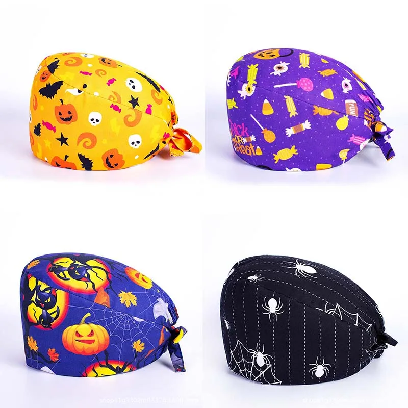 

Halloween Scrub Cap Printed Cotton Beauty Salon Surgeon Dental Clinic Nursing Hat with Button Women Men Surgical Caps Wholesale