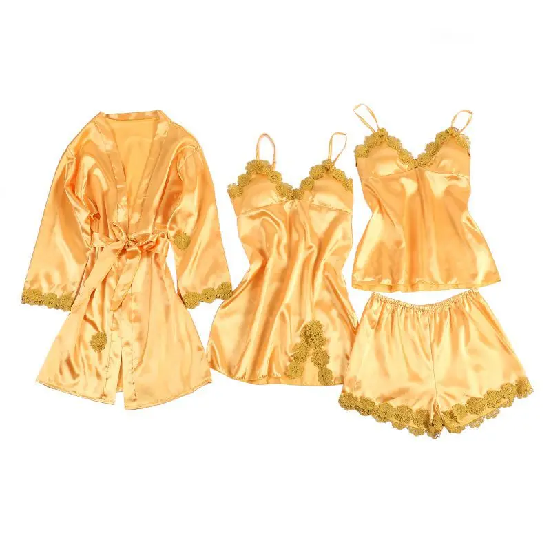 

Women's 4pcs Silk Satin Pajama Set Sexy Cami Top Nightgown Lace Flowers Stitching Sleepwear Robe Sets Nightdress with Chest Pads