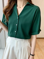 2022 summer chiffon blouses v neck blouse women office lady ladies tops short sleeve shirts korean woman clothes chemisier femme