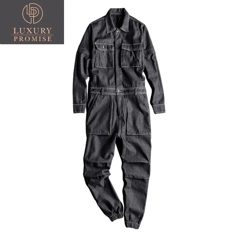 Men's Denim Jumpsuit Lapel Long Sleeve Removable Beam Feet Black Overalls Streetwear Hip-Hop Jeans Cargo Pants Leisure Trousers