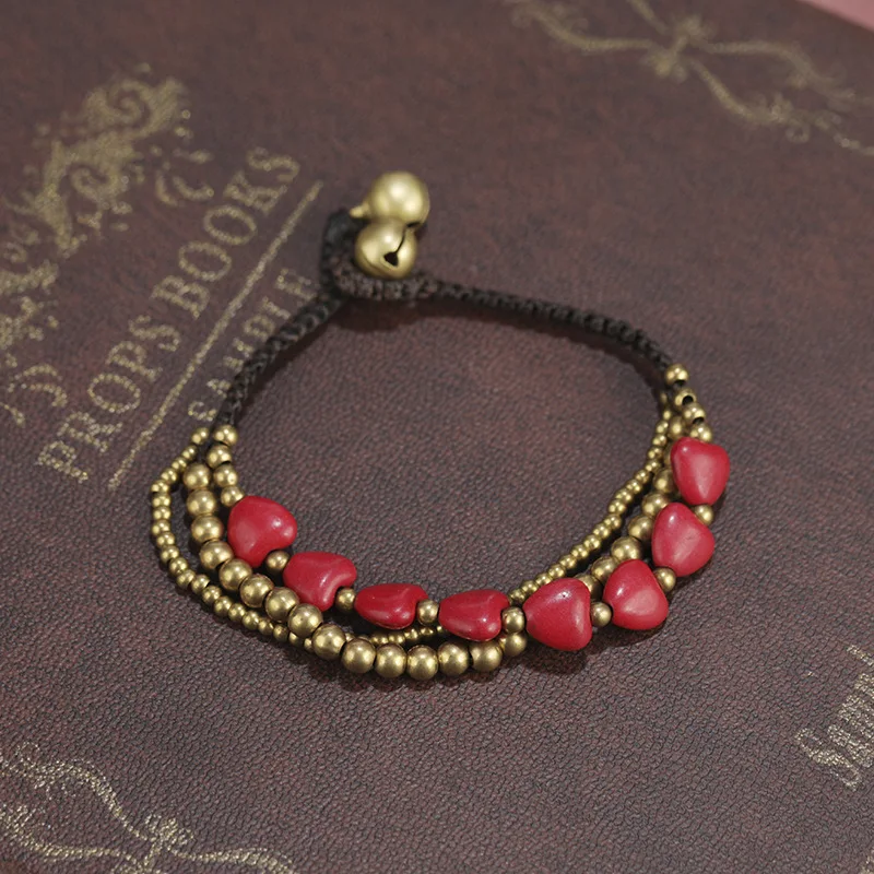 

Boho Handknit Red Heart Bride Adjustable Charm Bracelet Crystal Turquoise Copper Beaded Hand Chain Women Leisure Bangle Jewelry