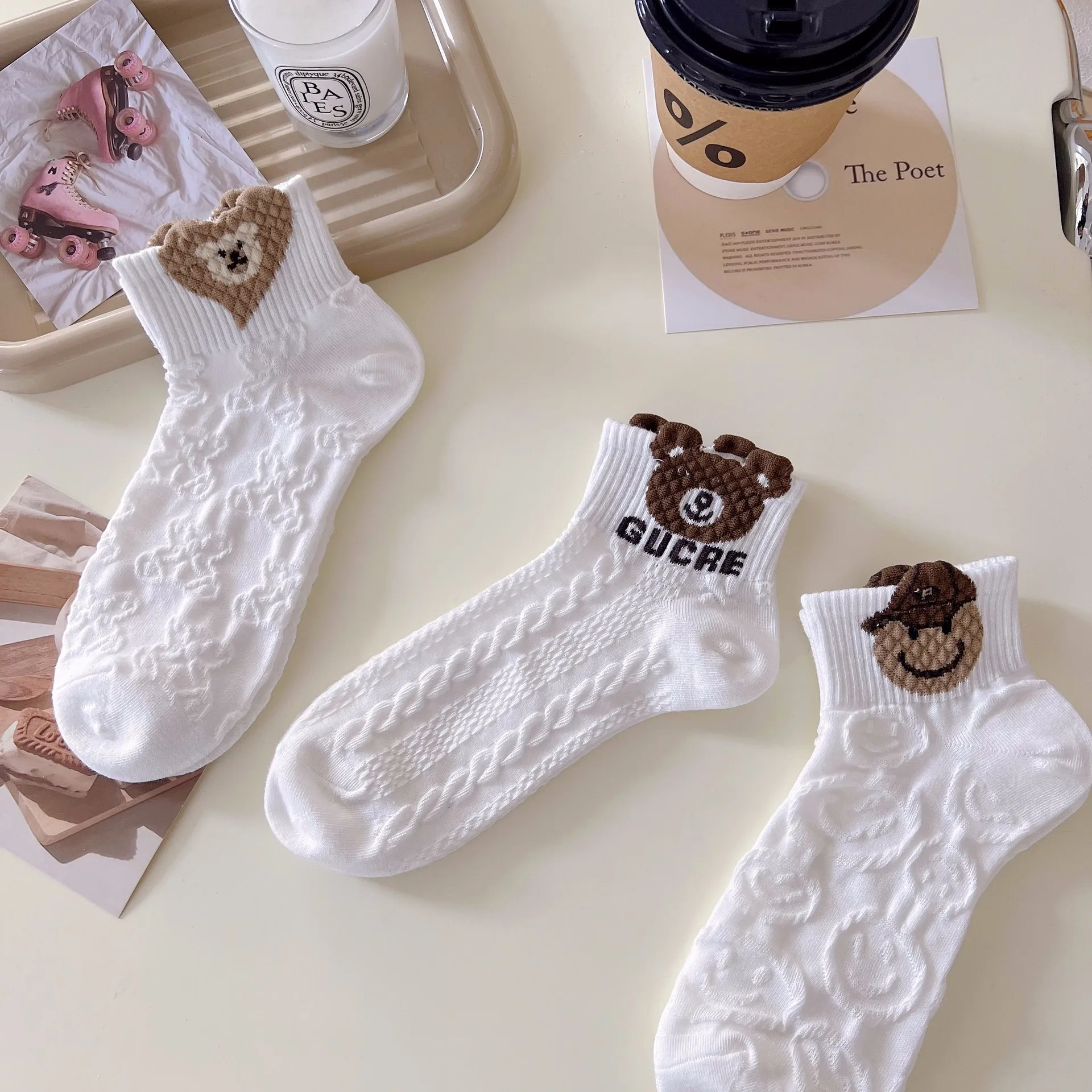 5 pairs of spring and summer women thin three-dimensional cartoon bear cotton sports boat socks low-side shallow mouth