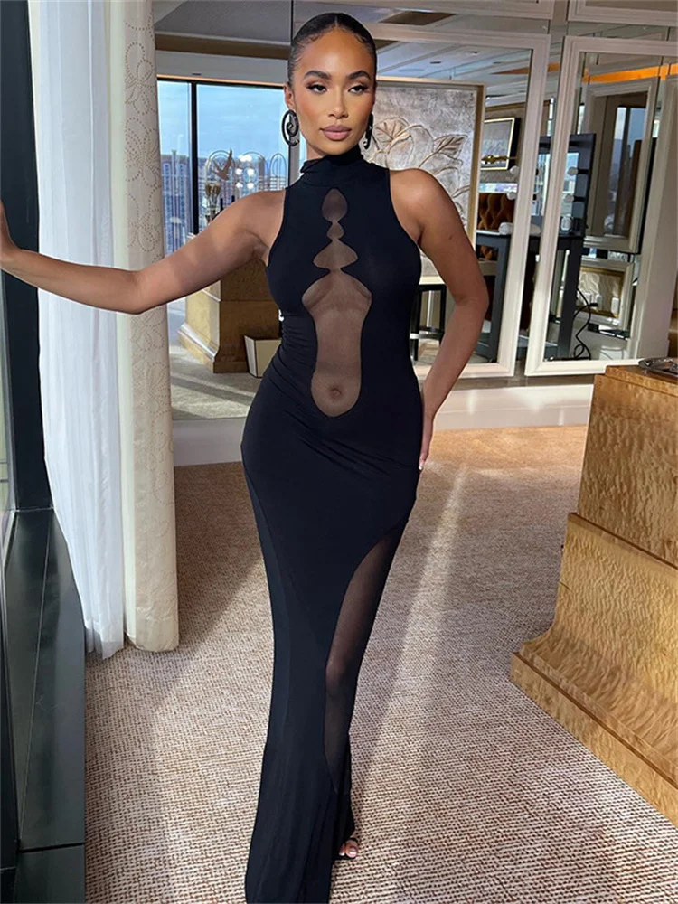 

Thorn Tree Women Sleeveless Long Maxi Tank Dress Solid Color Mesh Patchwork High Neck See-Through Dress Black Party Vestidos New