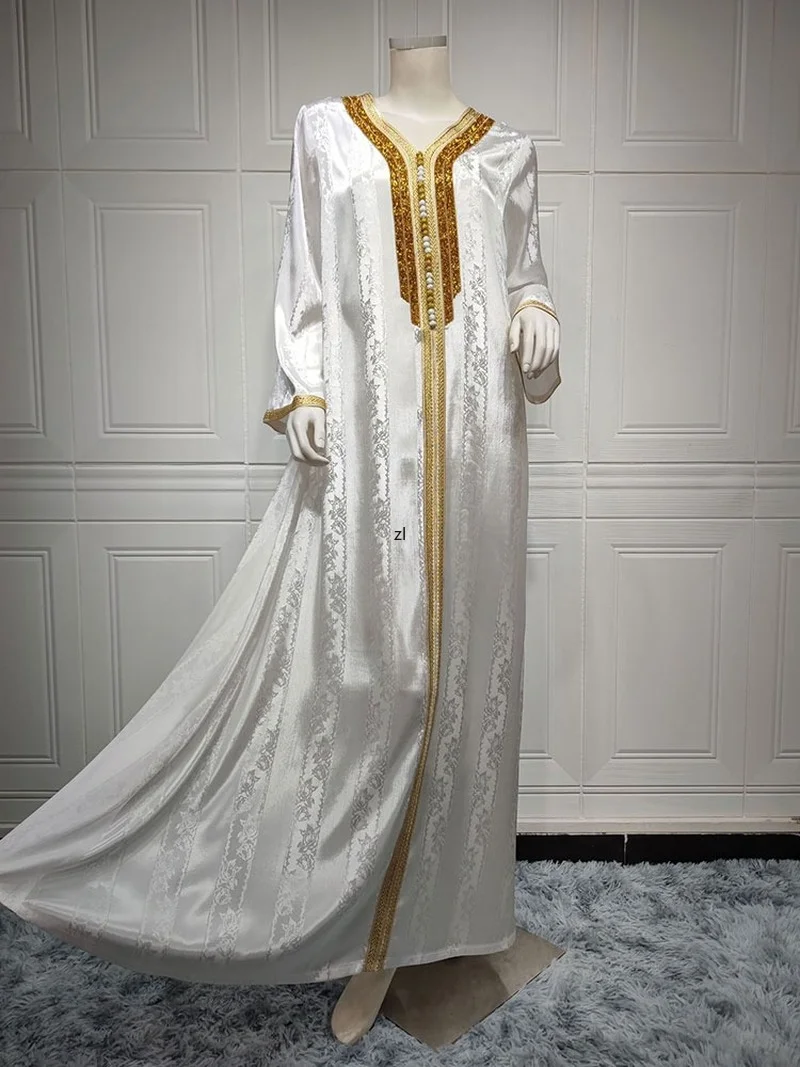 Diamonds Kaftan Evening Long Dress for Women Satin Muslim Dubai Abaya+Inner Robe Set Moroccan Party Caftan Gulf Jalabiya White