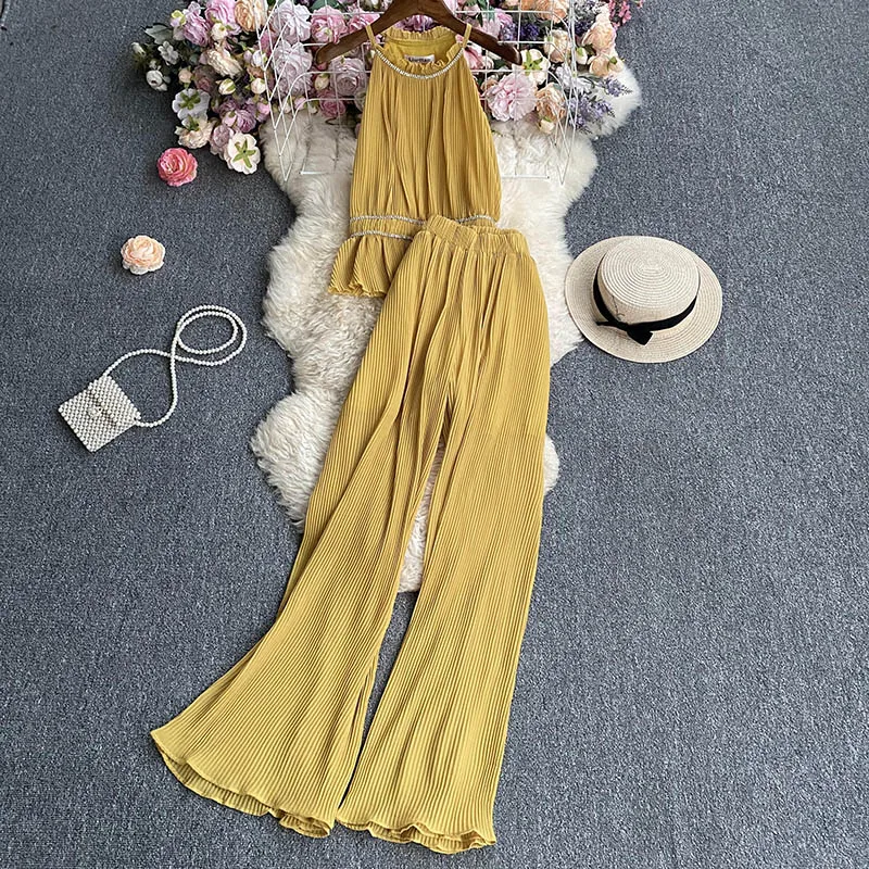 

Y2k Summer Streetwear Set Women 2 Pieces Halter Diamonds Ruffles Vest Top Outfits+high Waist Slim Unique Wide Leg Pant Chic Suit