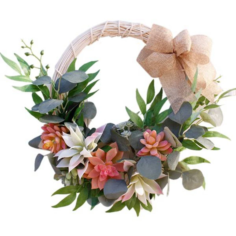 

Artificial Succulent Wreath With Knotted Bow, For Front Door Hanging Wall Window Wedding Party Farmhouse Home Decor