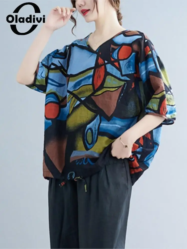 

Oladivi модный принт для женщин повседневные свободные хлопковые льняные футболки летний топ оверсайз футболка с коротким рукавом большая фут...