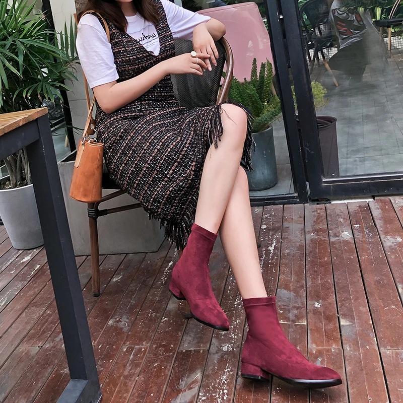 Женские ботильоны из эластичного флока черные абрикосовые бордовые ботинки на