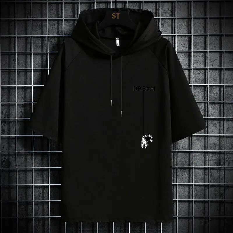 

Футболка мужская с коротким рукавом, тонкая свободная стильная рубашка с капюшоном и рукавом до локтя средней длины, лето