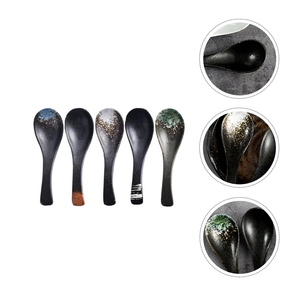 

5Pcs Japanese Soup Spoons Style Ceramic Rice Spoon Flatware Asian Chinese Serving Scoop for Soup Ramen Noodle Udon Appetizers