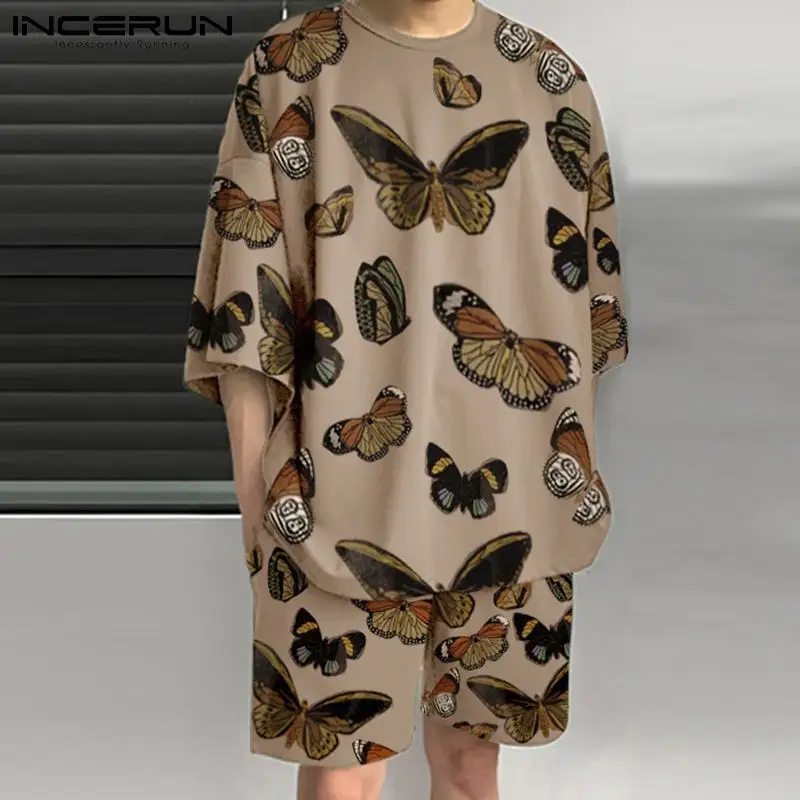 

INCERUN Men Sets Printed 2022 O-neck Short Sleeve T Shirt & Shorts Streetwear Two Pieces Korean Loose Men Casual Suits S-5XL