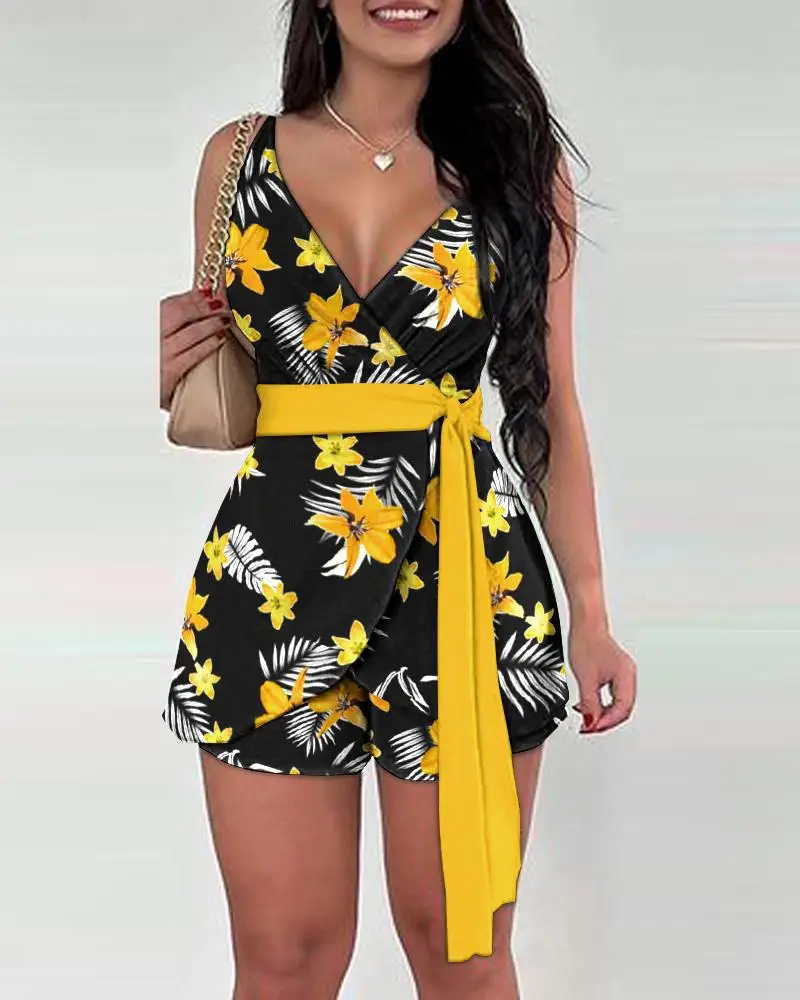 

Summer New Women's Sexy Commuting Elegant Sports Leisure Tight Print High Waist V-Neck Lace-up Women's Bodysuit Two-Piece