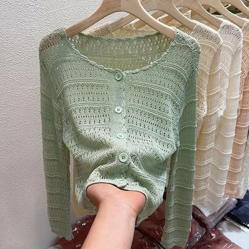 Новый сезон защита от солнца полый вязаный кардиган укороченный сетчатый топ с