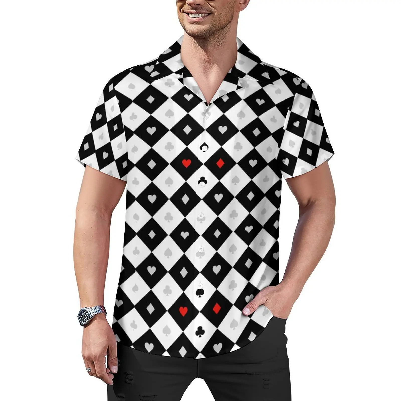 

Повседневная рубашка в виде сердца и карт, Пляжная Свободная рубашка с играми в покер, блузки В Гавайском уличном стиле, дизайнерская одежда оверсайз с короткими рукавами