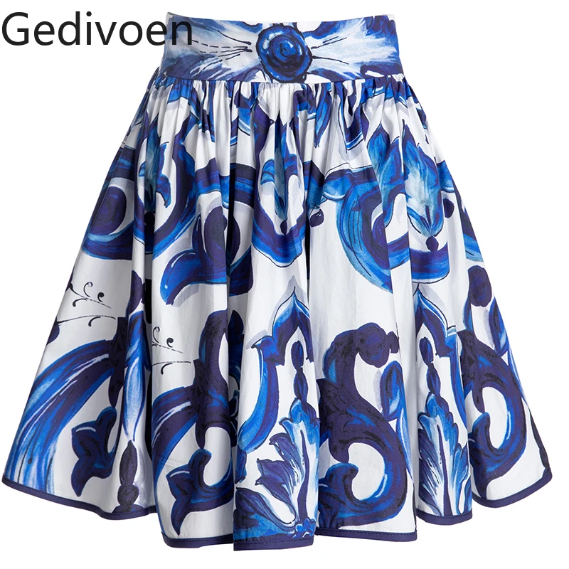 Gedivoen Fashion Designer Summer Cotton Skirts Women's High waist Blue and White Porcelain Printing A-line Short Skirts