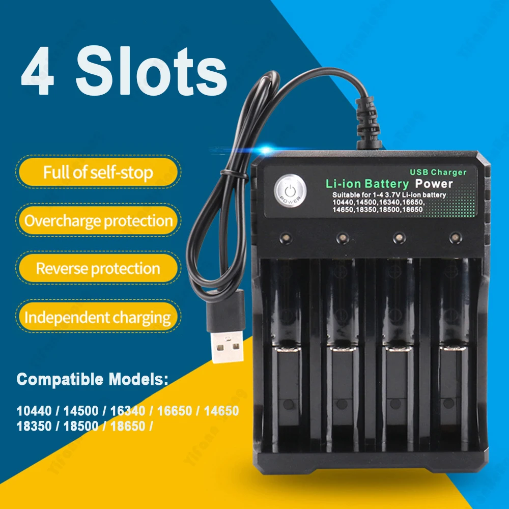 

4 Slots 18650 Charger Independent Charging 3.7V Li-ion Battery Smart Charger for 10440 14500 16340 16650 14650 18350 18500 18650