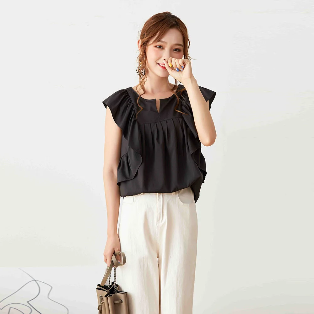 

Women Summer Ruffles Blouse Black Loose Casual Office Lady Simple Shirts Fashion Sweet Tops Korean Style Work Dating Streetwear