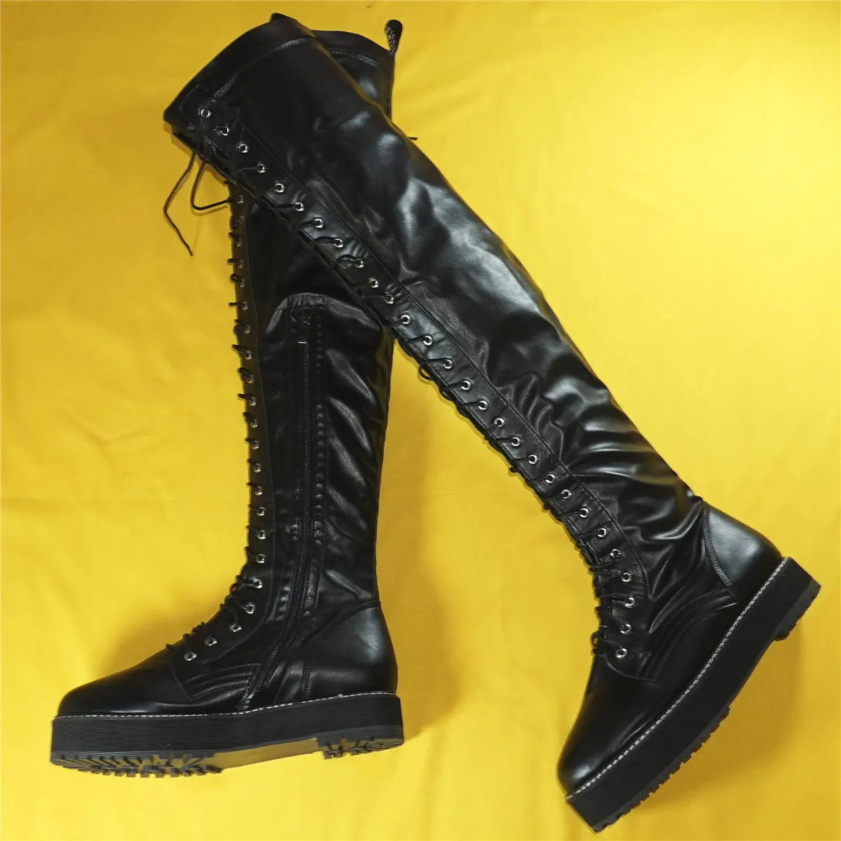 Black Pumps Shoes Women Lace Up Chunky Platform Over The Knee Thigh High Boots Female Round Toe Fashion Sneakers Casual Shoes