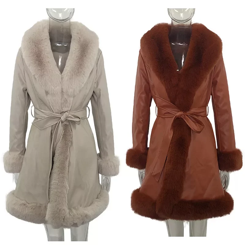 New in 2022 PU Leather Jackets Women Fashion Tie Belt Waist Coats Women Elegant Side Pockets Faux Fur Long Jackets Female Ladies