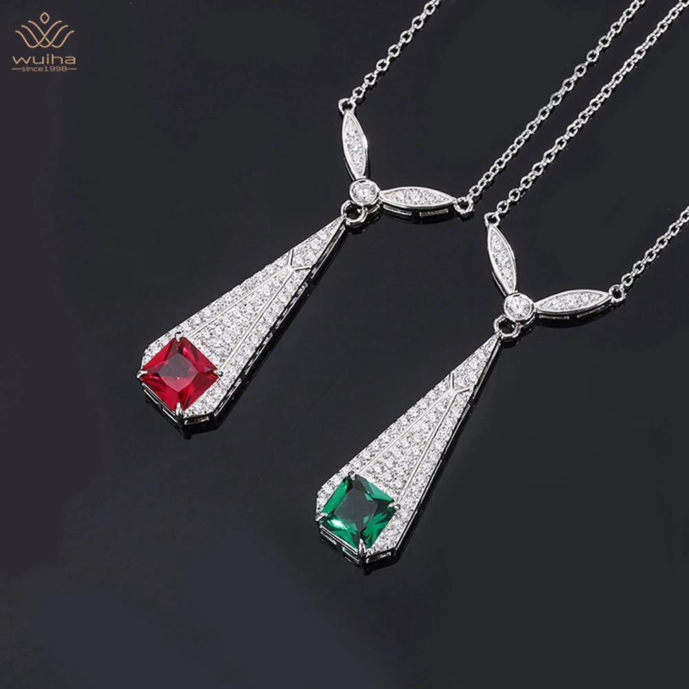 

WUIHA 925 Sterling Silver 10*10MM Emerald/Ruby Sapphire Faceted Gemstone Pendant Necklace Anniversary Gift Jewelry Drop Shipping