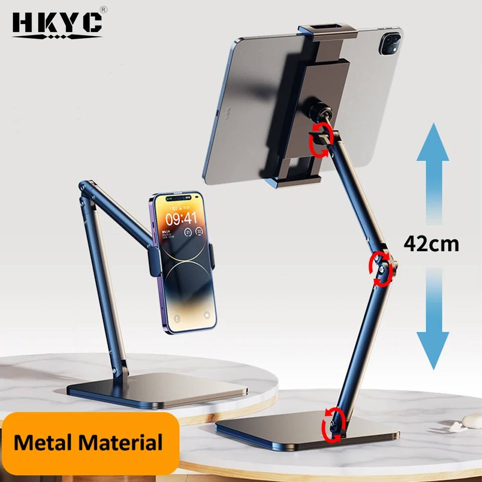 Desktop Tablet Stand Adjustable to 42cm Height, iPad Stand 360° Rotating Metal Tablet Holder for 4.7-13" Tablets and Smartphones