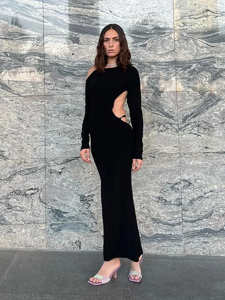 

Женское облегающее платье с длинным рукавом, однотонное ажурное платье с круглым вырезом в уличном стиле, одежда для осени