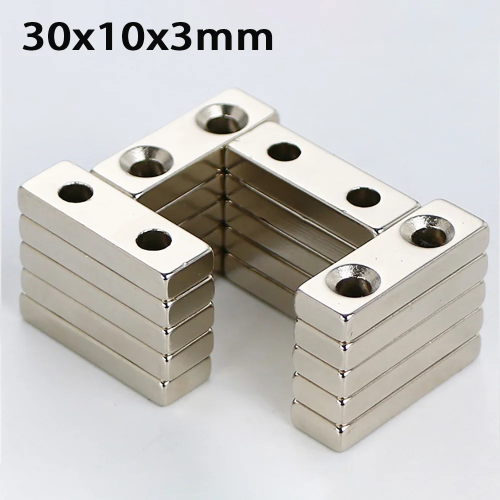 Неодимовые магниты с двумя отверстиями 30x10x3 мм квадратные