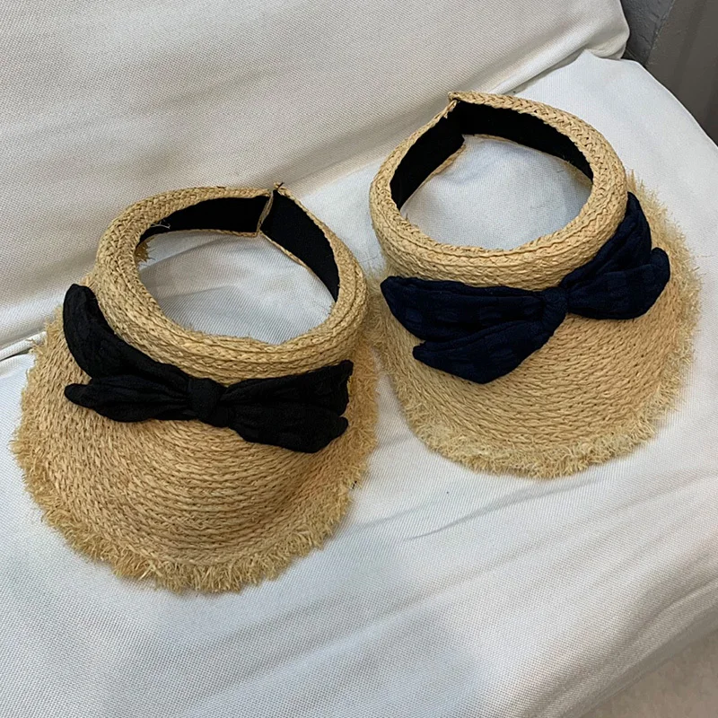 

2022 Summer Runway Women Empty Top Sun Visor Hat Girl Straw Wide Brim Bow Sun Caps UV Protection Hat Casual Holiday Beach Hat