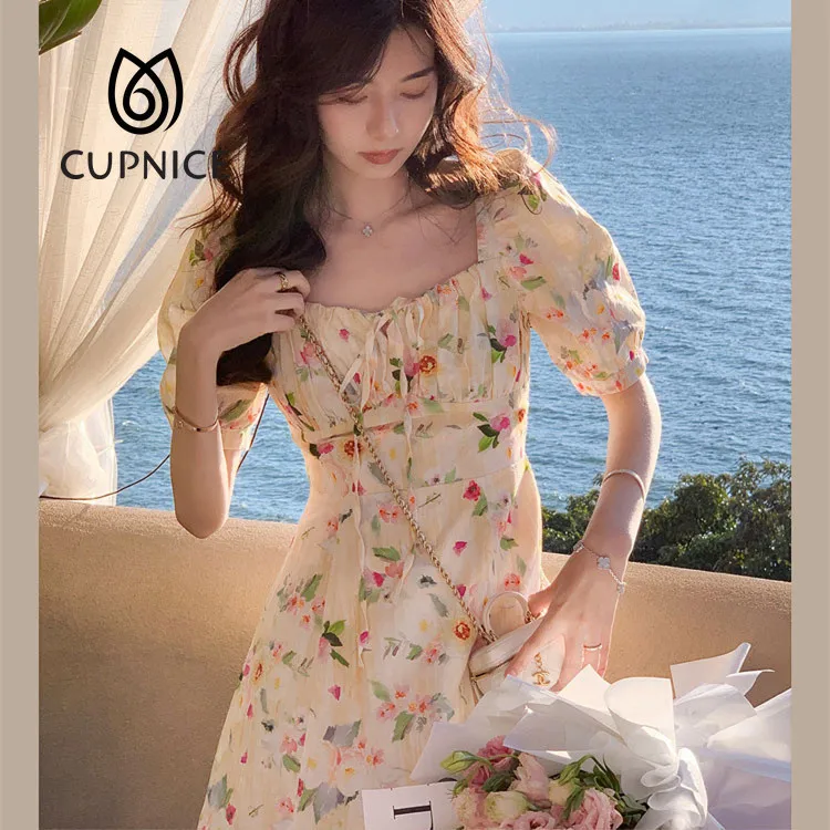 

Женское винтажное платье миди CUPNICE, длинное платье с цветочным принтом, квадратным вырезом и рукавами-фонариками, лето 2022