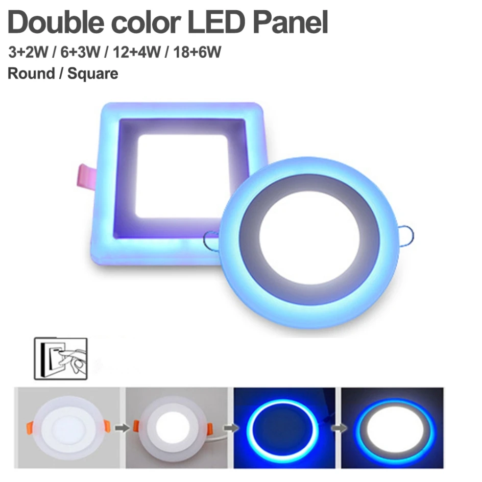 

Dual Color LED Ceiling Light Recessed Panel Downlight Spot Lamp Round/Square Recessed Ceiling Panel Light 3+2W 6+3W 18+6W Lamps