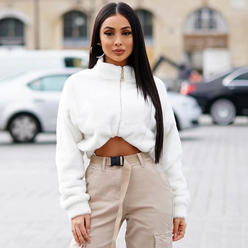 

Women Casual Loose Winter Crop Tops Solid Color Fully Stand-Neck Long Sleeve Zip-Up hairy Pullover Sweatshirt for Girls White