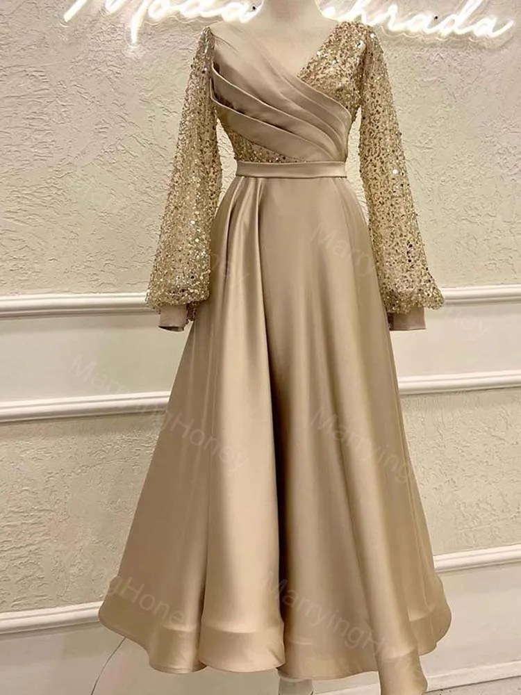

Satin Long Sleeves Prom Dress for Women Sparkly Sequin V Neck Formal Evening Dress A Line Ruched Cocktail Party Gowns