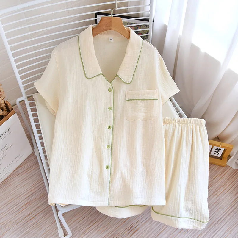 Summer Pajamas Women's Thin Cotton Gauze Solid Color Home Service Turn-down Collar Short-sleeved Shorts Simple Loungewear