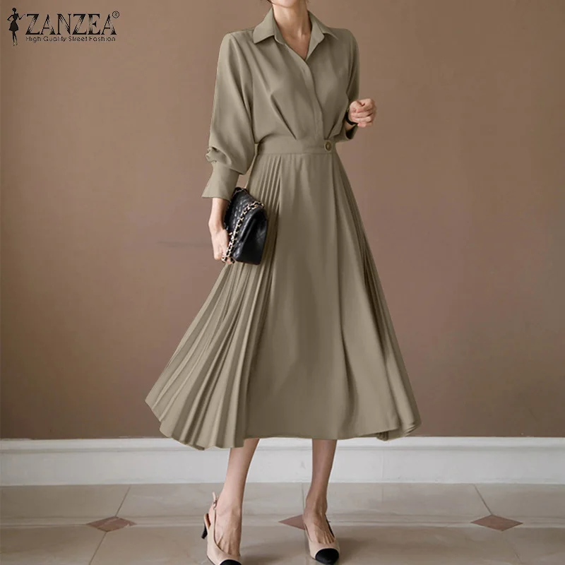 

Pleated Fashion Elegant Work OL Party Casual Vestidos Shirtdress Vintage Dresses ZANZEA Women Spring Sleeved A-line Lapel Dress