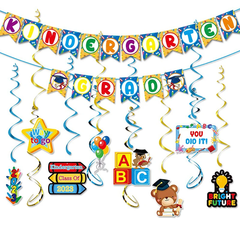 

Kindergarten Wall Decor Party Decoration Set Bunting Congrats Paper Garland Graduation Banners Letter Flags Grad Party Backdrops