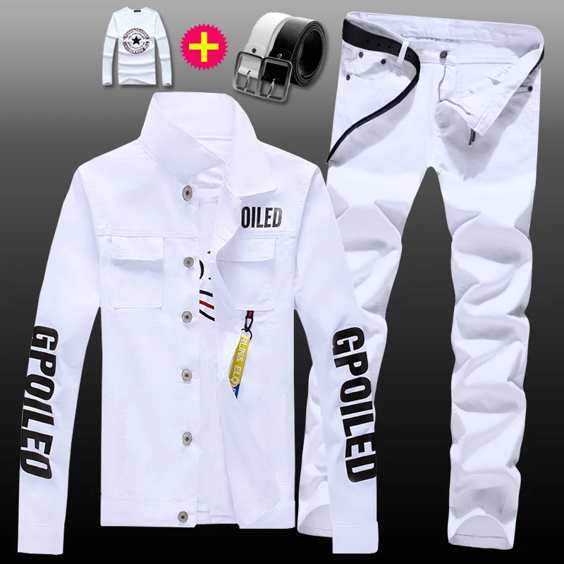 

New Mens Denim Jacket Jeans Pants Slim Fit 2pcs Set Boys Casual Letters Printed Coat Trousers wit Pendant Candy Color