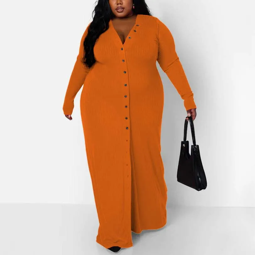 4XL 5XL Plus Size Dresses for Women Single Breasted V Neck Full Sleeve Bodycon Floor Length Elegant Large Party Birthday Dress