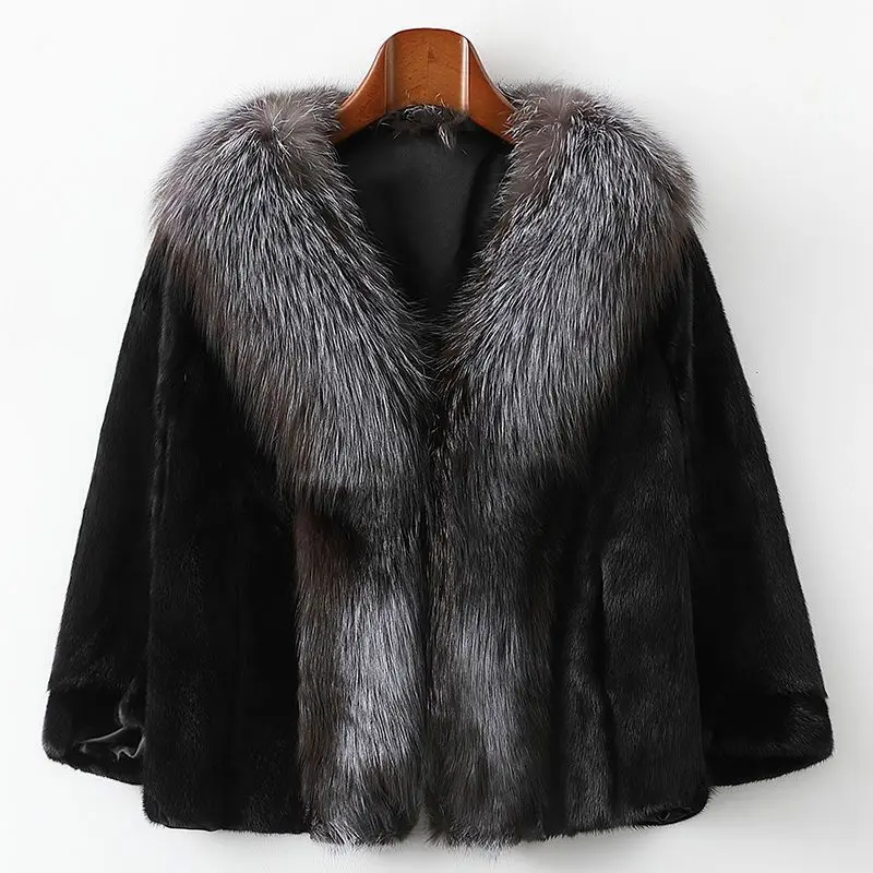 2022 New 100% Mink Fur Coat Women's Silver Fox Fur Collar Mink Fur Coat Bat Sleeve
