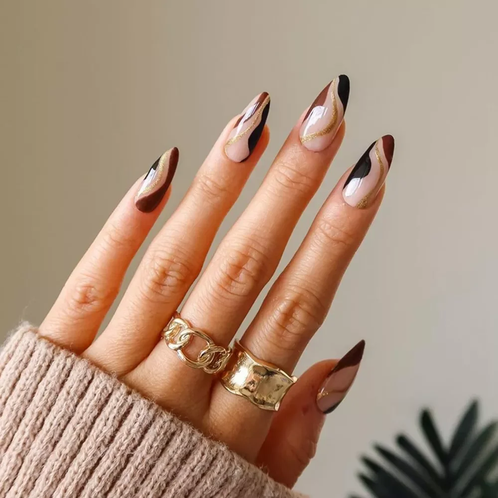 

24pcs Black Brown Abstract Lines Almond False Nails Full Cover Artificial Graffiti Fake Nails Women Wearable Press On Manicure