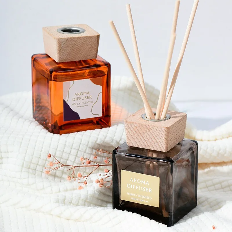 

150ml Household Square Bottle with Wood Lid Aromatherapy Hotel Fragrance Reed Diffuser Set Air Freshener White Musk